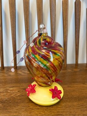 Hand Blown Art Glass Hummingbird Feeder - Vibrant Multi-Color Swirl
